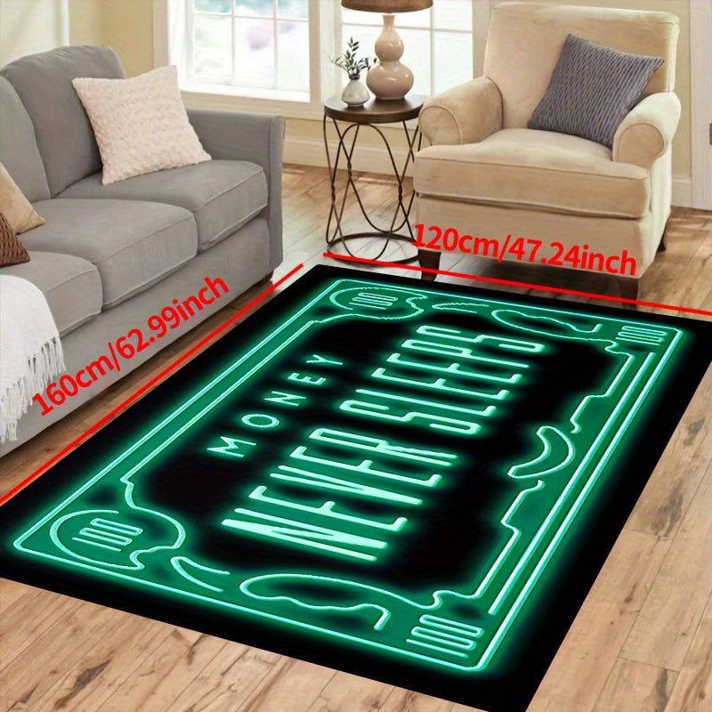 Money Never Sleeps Rug: This non-slip resistant mat features a print design and is machine washable and waterproof, making it perfect for use in the living room, bedroom, nursery, patio, garden, or yard. Enhance your home decor with this versatile rug.