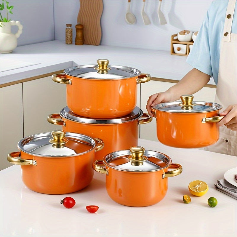 Set of 5 Vibrant Orange Stainless Steel Cookware with Lids - Includes Deep & Thick Soup Pots, Weighing 3.3kg, Suitable for All Stovetops, Perfect for New Year's & Carnival Festivities.