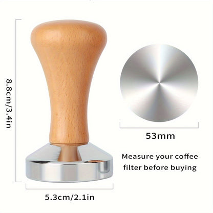 High-Quality Espresso Tamper with Wooden Handle - Available in 51/53/58mm Sizes, Featuring a Flat Bottom Design for Precise Tamping, Made of Rust-Proof Steel, Perfect for Baristas and Home Brewers, Handcrafted Tamper for Coffee Grounds, Essential