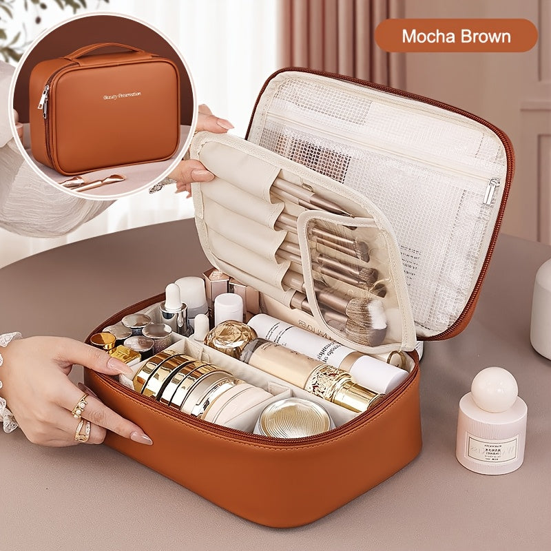 Spacious multi-layer PU cosmetic bag with brush holder, portable storage for beauty essentials, perfect gift for couples.