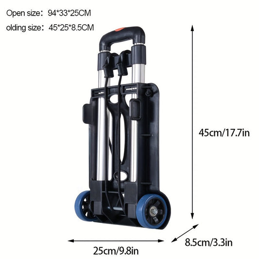 Black Ultra-Light Folding Trolley with 2 Wheels - Portable and Stretchable for Groceries, Freight, Camping - Made with Durable Plastic and Aluminum Construction