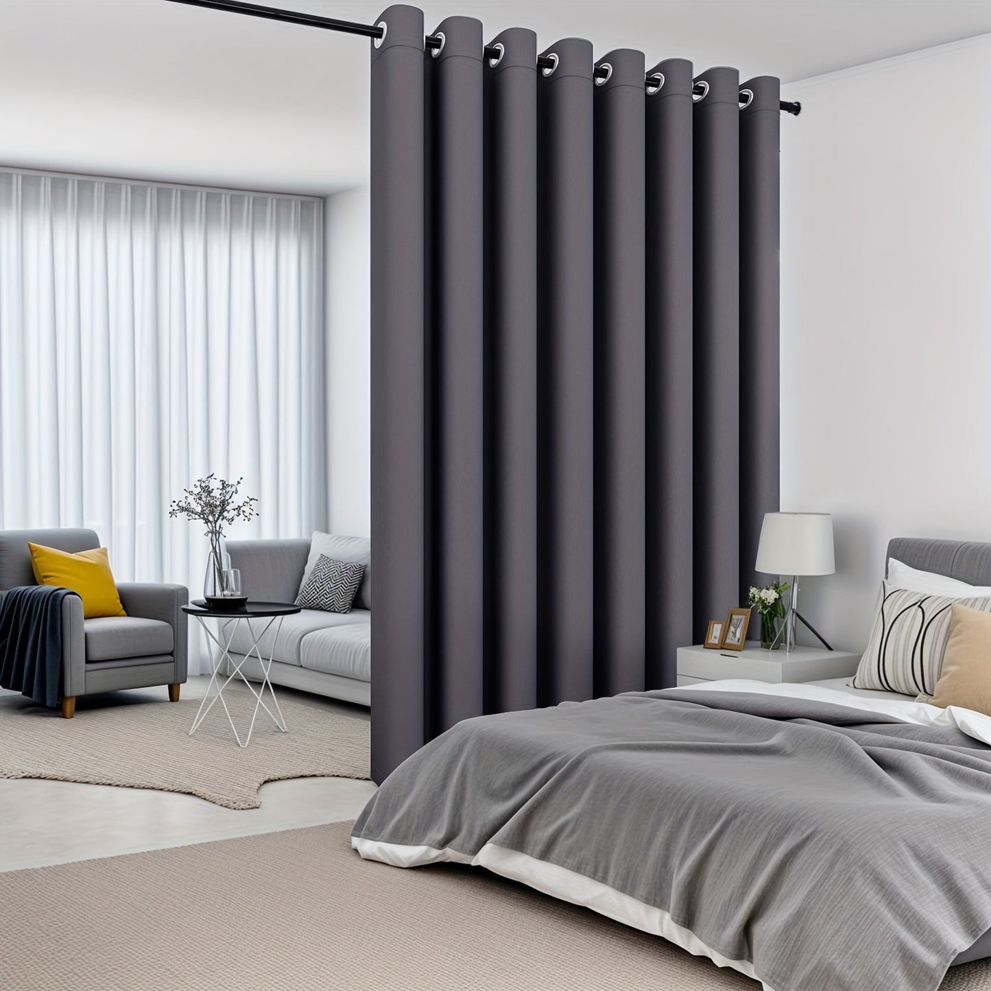 Modern Blackout Privacy Room Divider Curtain features UV protection and water-resistant polyester material with a grommet top for easy hanging. It is machine washable and suitable for all seasons, perfect for use in the living room or bedroom.