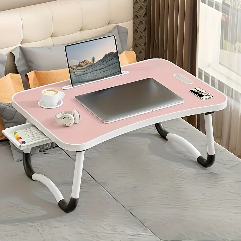 Large portable laptop bed table with cup holder and drawer, ideal for eating, reading, and writing in bed or on sofas.