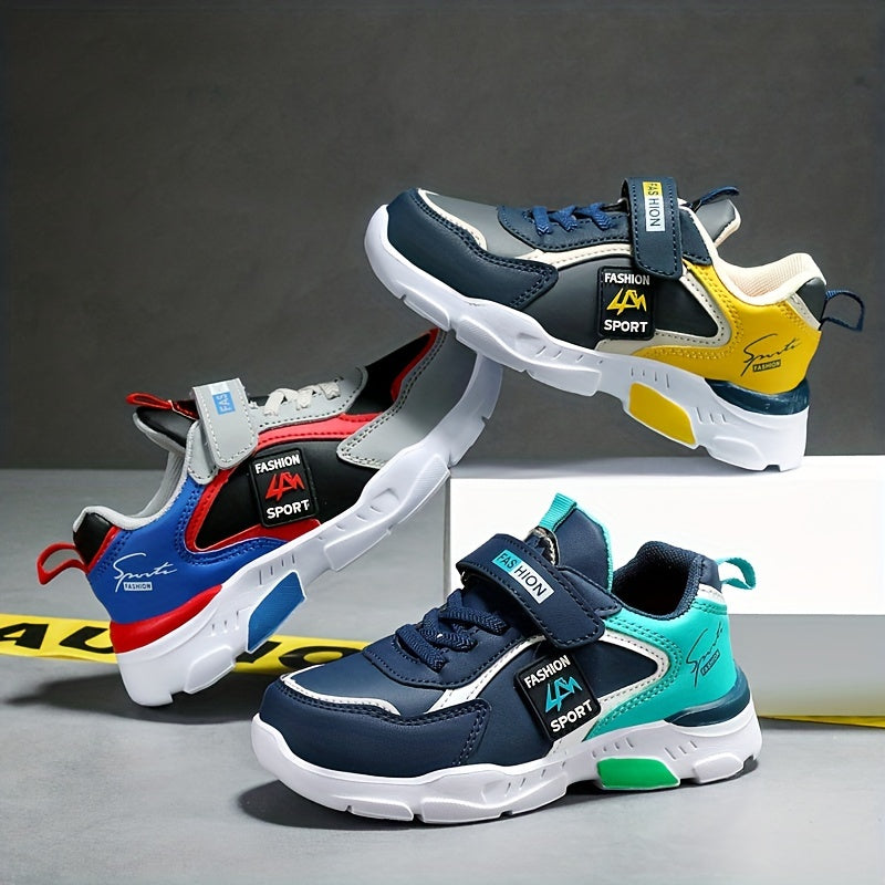 Boys' breathable athletic shoes with hook-and-loop fastening, non-slip sole, and casual running style in blue/yellow/white for all seasons.