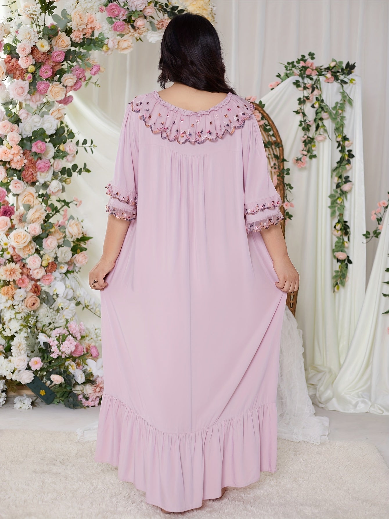 Floral Embroidered Lace Nightdress for Plus Size Women with Button Detail