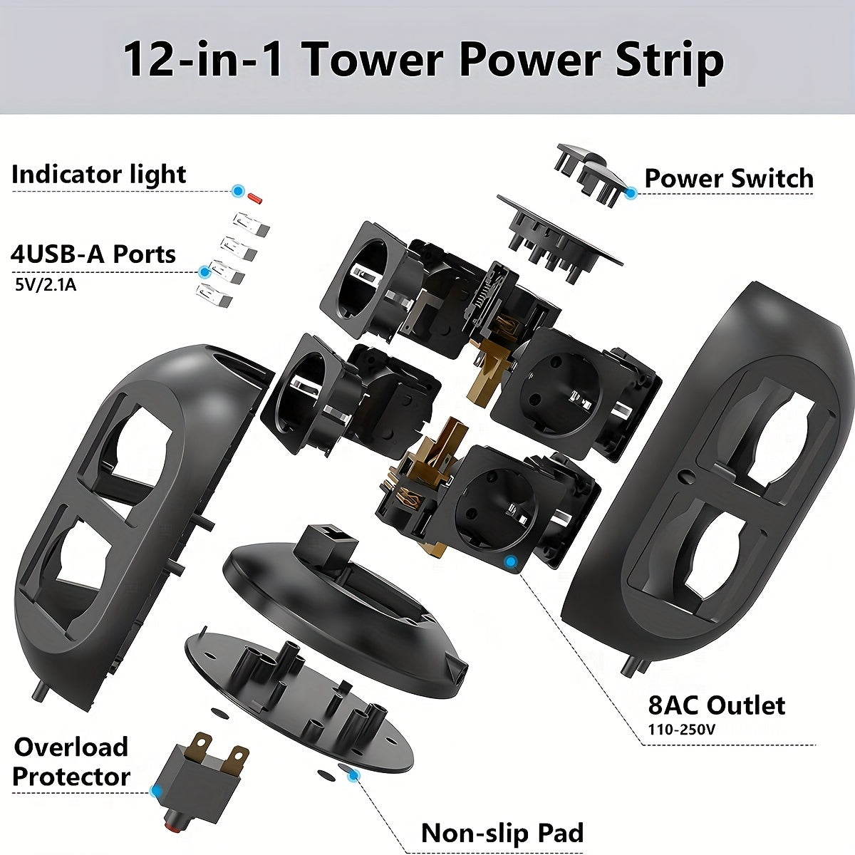 Power strip with 4 USBs, multi-socket tower, 1.8m extension cable, surge protection with dual switches for garden, office, kitchen.