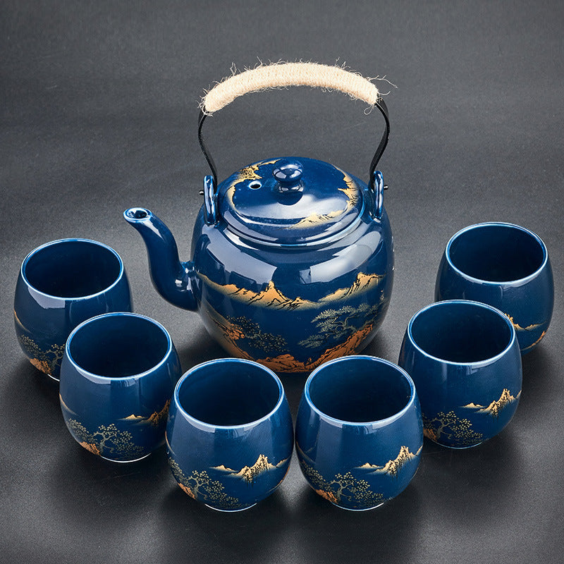 1 Set 7/8pcs Black Exquisite Large Capacity Tea Set in Simple Japanese Style Ceramic for Home or Office Gift, with Handle Teapot and Teacups, 27oz/6oz.