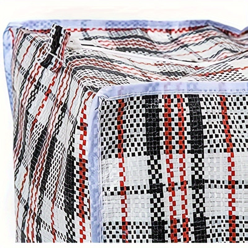 Three extra-large, sturdy moving and storage bags designed for durability. These reusable bags feature a high capacity for organizing clothes, with a strong zipper and handles for easy transport. The blue and white checkered pattern adds style to