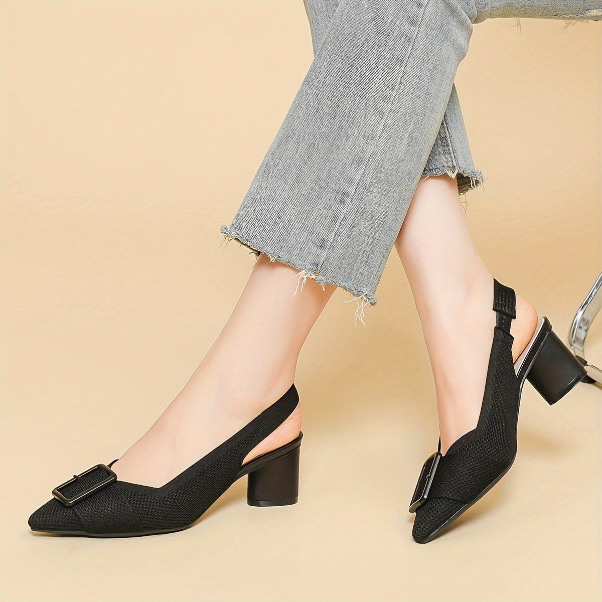 Women's mid-heel pumps with breathable knit, pointed toe, slip-on style, and chunky heel for all seasons.