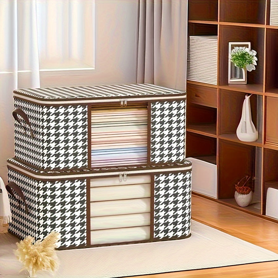 Lightweight portable storage bag with houndstooth window design, large-capacity wardrobe organizer for travel and clothing essentials.