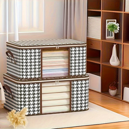 Lightweight portable storage bag with houndstooth window design, large-capacity wardrobe organizer for travel and clothing essentials.