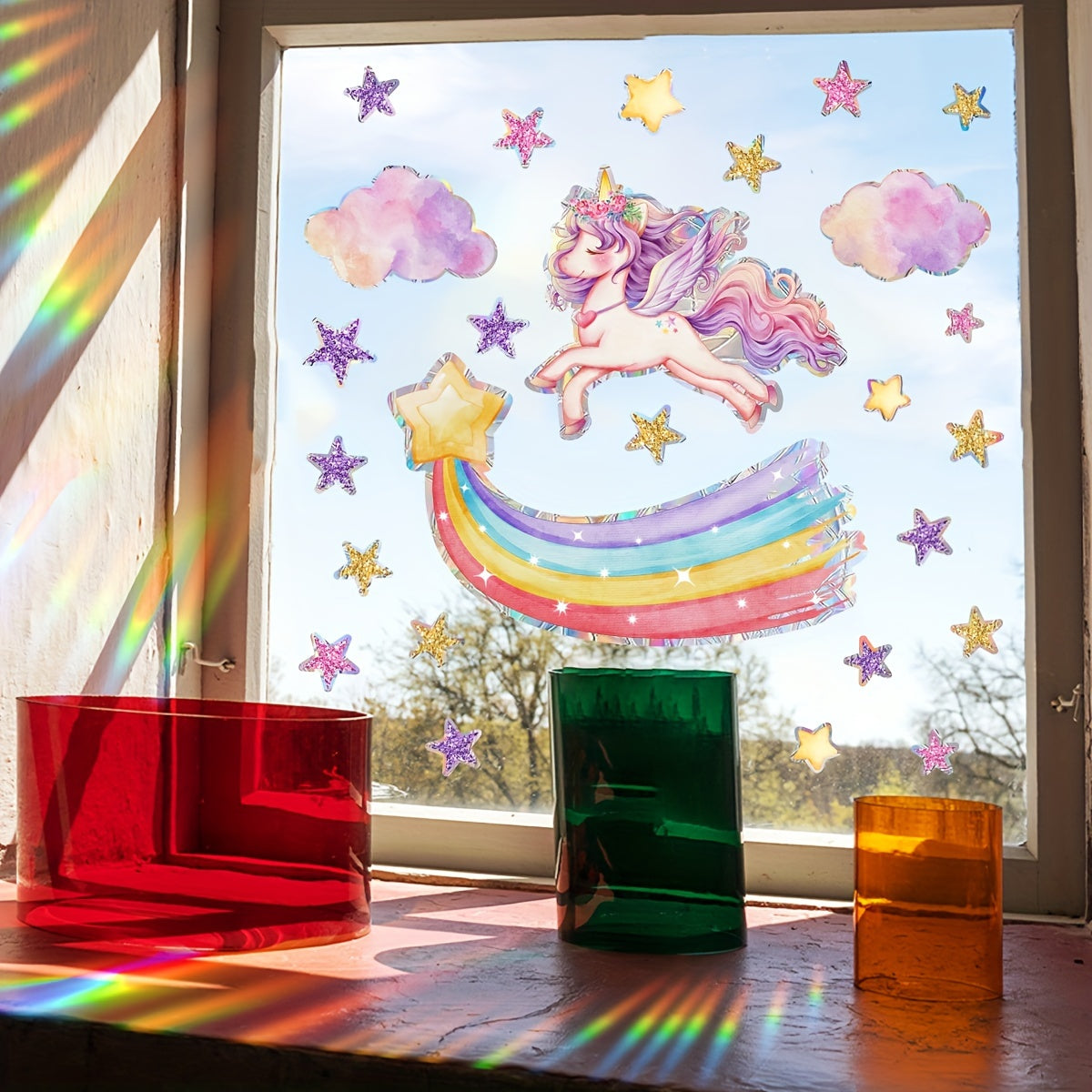 Reusable Rainbow Unicorn & Star Window Clings - Matte Finish PVC Static Decals for Glass Surfaces