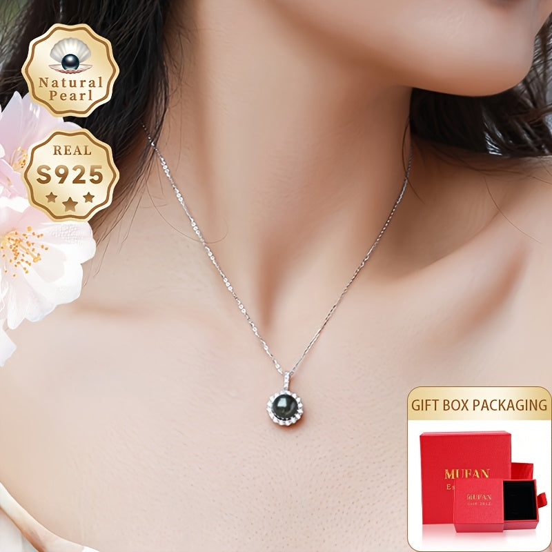 Stunning Black Pearl Necklace for Women, Featuring 8-9mm Round Shiny Saltwater Pearls, Suspended from an S925 Sterling Silver Pendant in a Gift Box - Genuine Gemstone, Perfect for June Birthdays, Inspired by Polynesian Tahitian Designs, Unique Color