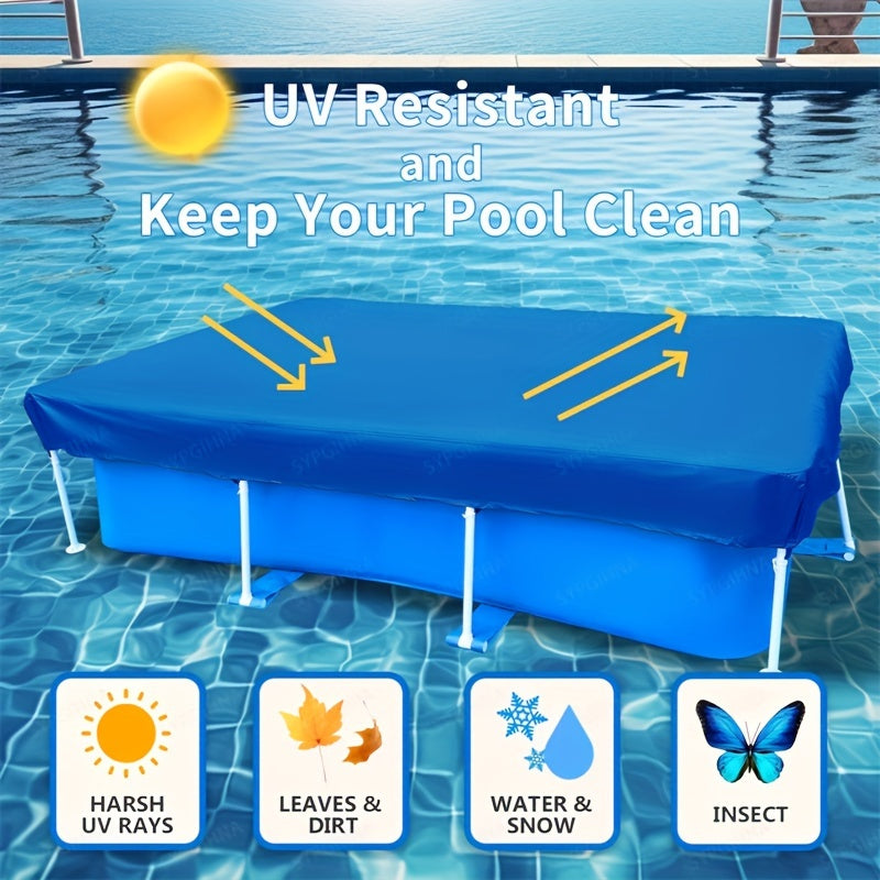 Blue square pool cover with frame for above ground pools, providing UV protection and safety. Ideal for outdoor, indoor, garden, and camping use. Shields against leaves, water, snow, and