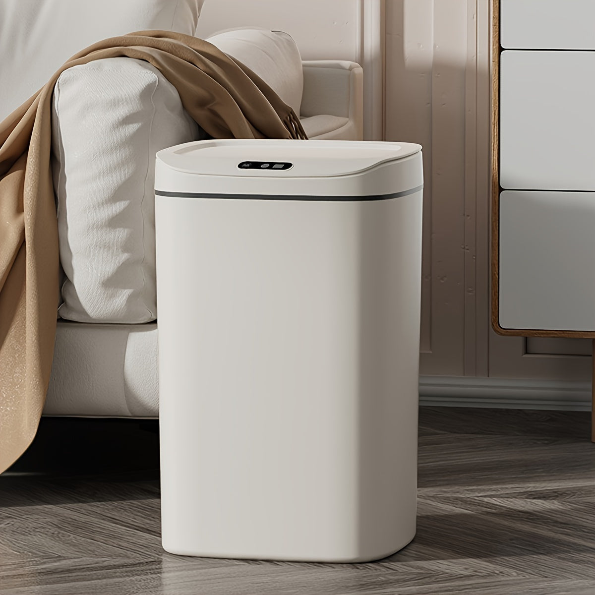 Smart detector trash can with quiet close and odor-proof; multiple capacity options for various rooms; battery operated (AA), batteries not included.