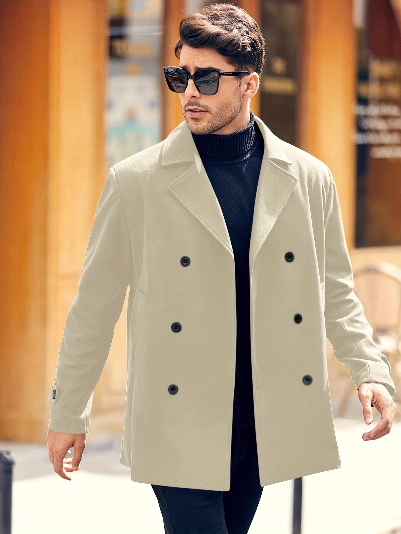 Men's fashion fleece coat for autumn/winter, double-breasted lapel coat, mid-length windbreaker for big & tall sizes.