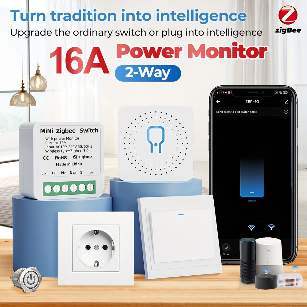 DIY 16A Power Switch Module with WiFi, ZigBee, Tuya app, voice control, 2-way power control, 110V/220V, app controlled, flush mount, for electronics - no battery needed.