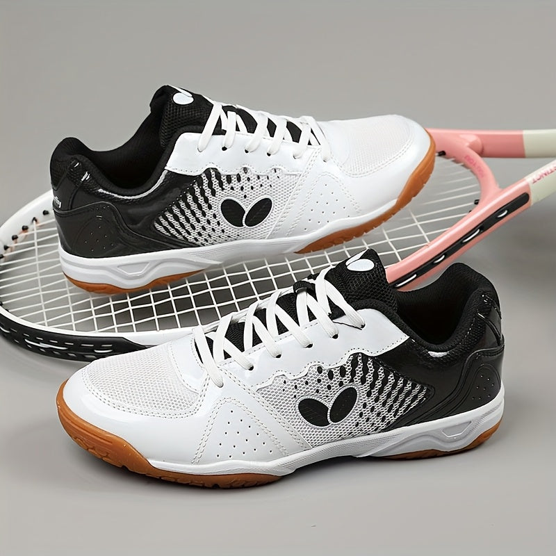 Professional badminton and tennis shoes with breathable, non-slip, and durable features for all seasons. Made of fabric and synthetic materials with EVA and rubber sole. Designed with