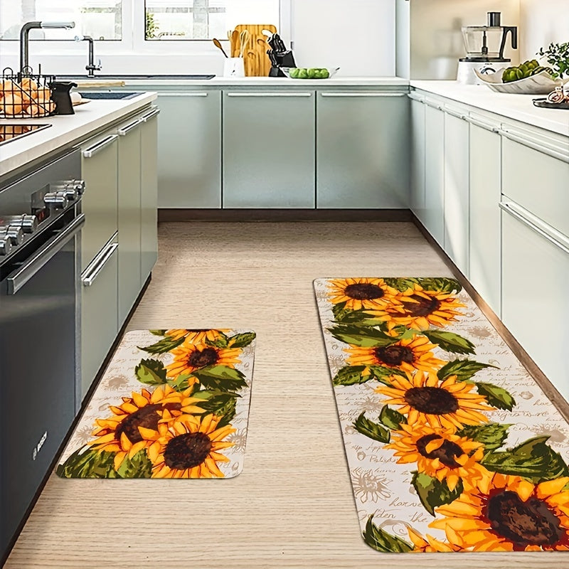 One piece Sunflower Print Kitchen Floor Rug designed to resist dirt and water, machine washable for easy cleaning. Can be used as an Entrance Doormat, Kitchen and Living Room Carpet, or Laundry and Bathroom Water-absorbing Floor Carpet.