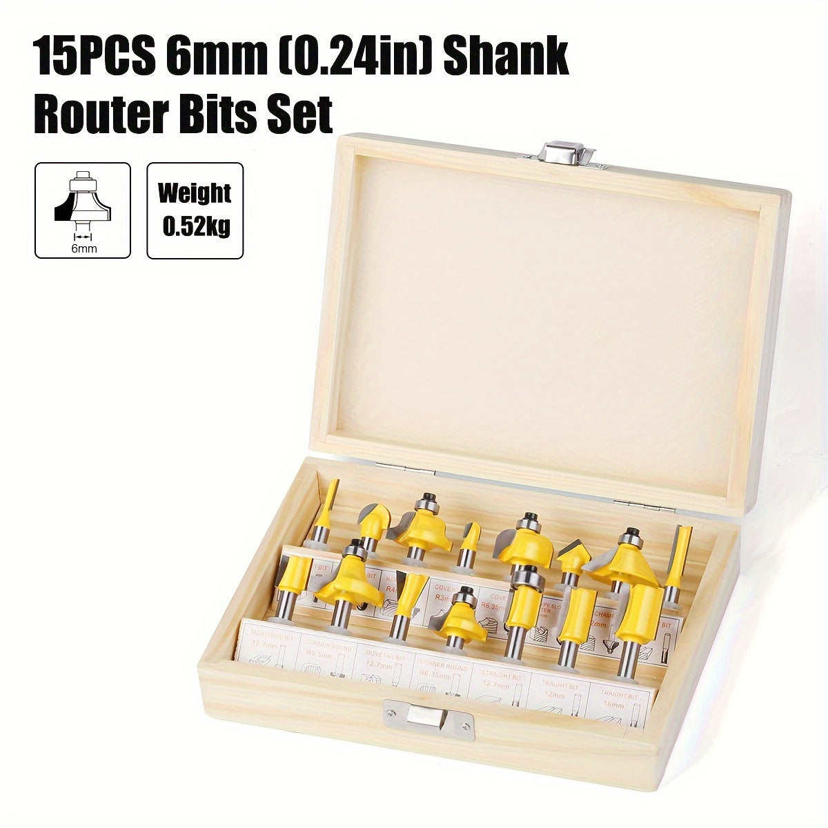 Set of 15 6mm router bits with 1/4" and 8mm shanks for woodworking in a wooden case. Ideal for trimming, slotting, and engraving wood with tungsten carbide milling cutters.