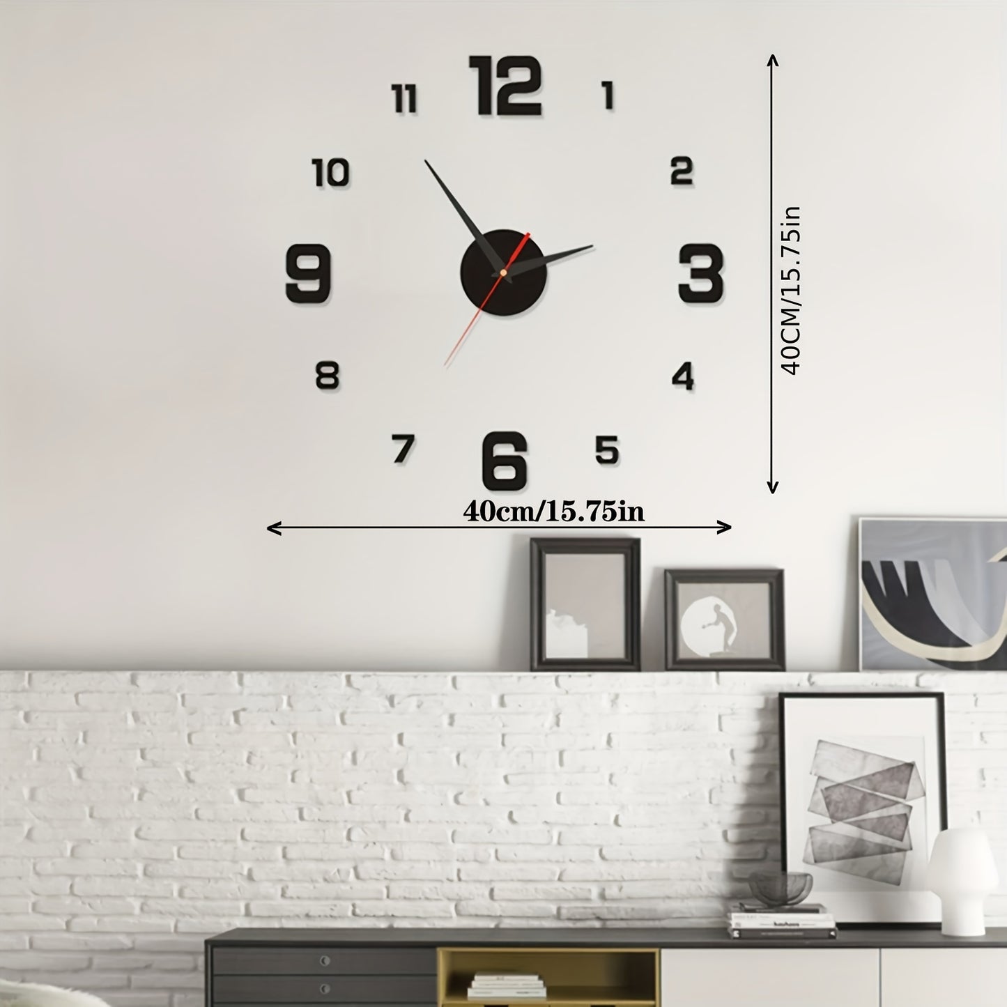 Art Deco style wall clock made of self-adhesive polyurethane, with silent movement, punch-free installation, luminous hands, battery-powered, and ideal for living room decor.