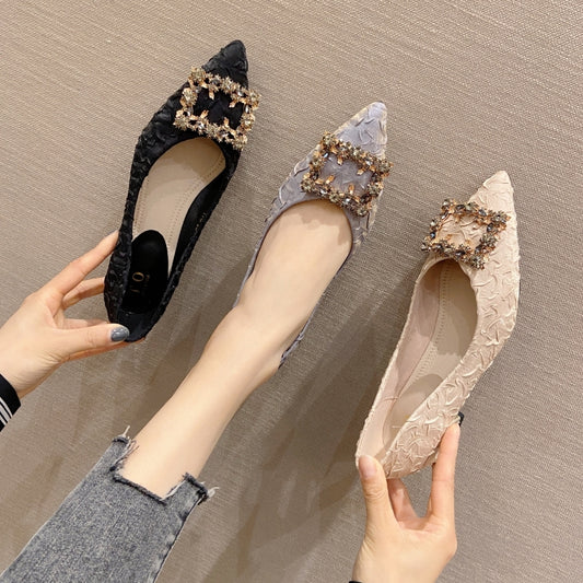 Women's Low Chunky Heel Pointed Toe Shoes with Square Rhinestone Decor