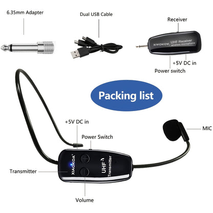 Rechargeable wireless microphone headset with UHF receiver, ideal for public speaking and teaching, USB Type-C charging.