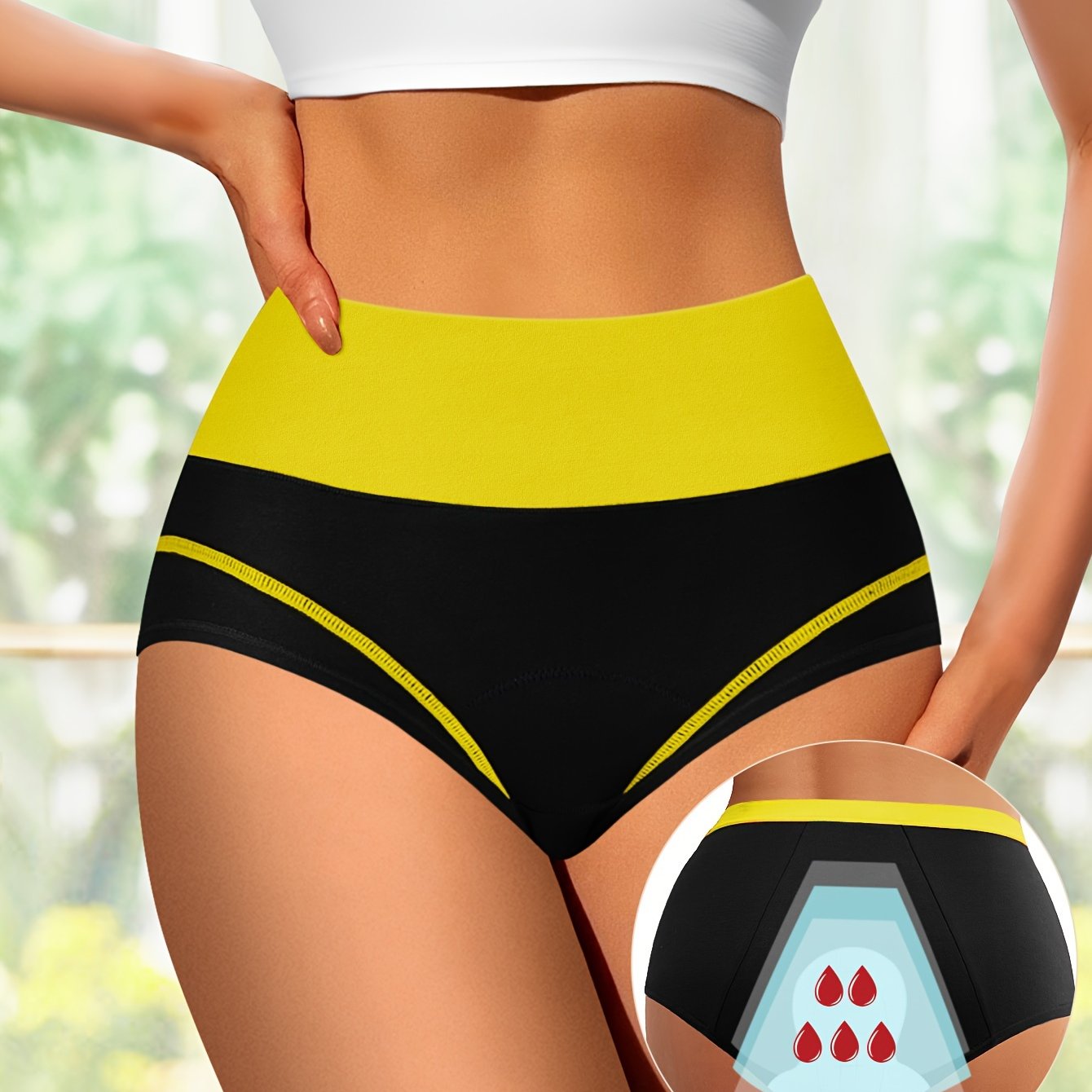 Triple-layer leakproof panties with wide waistband for women.