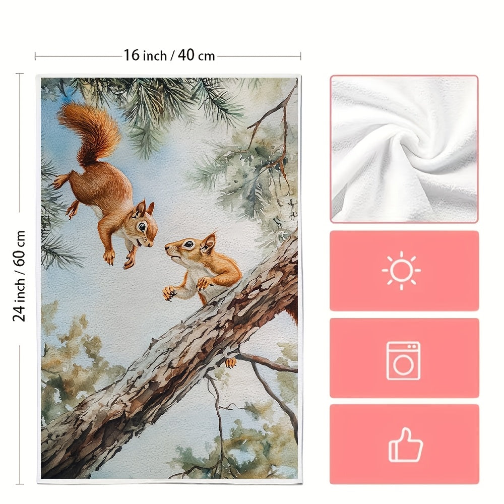 Set of 2 Ultra Soft Kitchen Towels featuring Playful Squirrels in Treetops Design. These towels are Highly Absorbent and Machine Washable, perfect for drying dishes. The Contemporary Coastal Style adds a touch of charm to your kitchen decor. Each towel