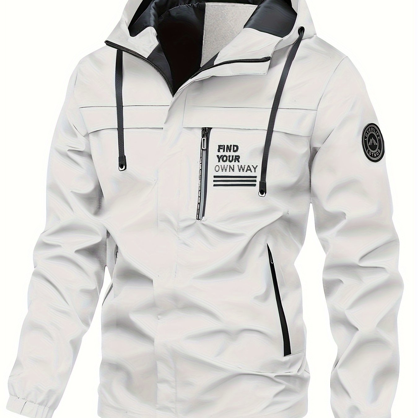 Men's casual sporty hooded jacket with lightweight polyester material, zipper pockets, adjustable drawstring hood, and "FOUND MOST WANTED" embroidery, perfect for spring/fall.