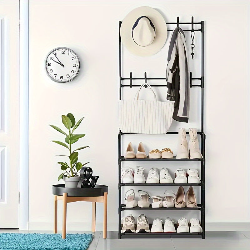 3-in-1 shoe rack with metal hooks and dust cloth, perfect for entrance, living room, or bedroom. Easy to assemble and move, provides sturdy storage.