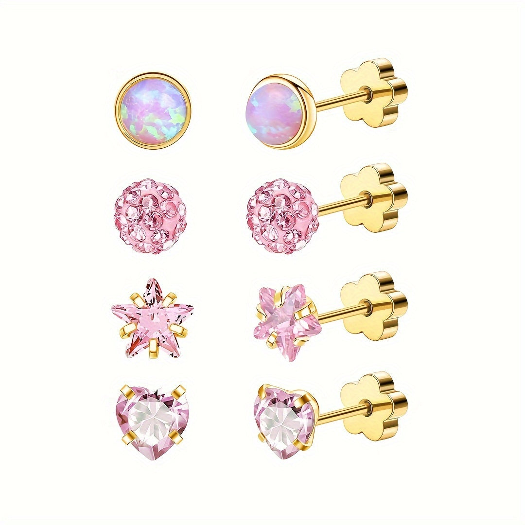 These hypoallergenic flat back earrings are perfect for women with sensitive skin. Made of Star Heart protein stone, they feature a European screw back design and are available in pink, silver, and AB colors. Suitable for men, women, and girls alike.