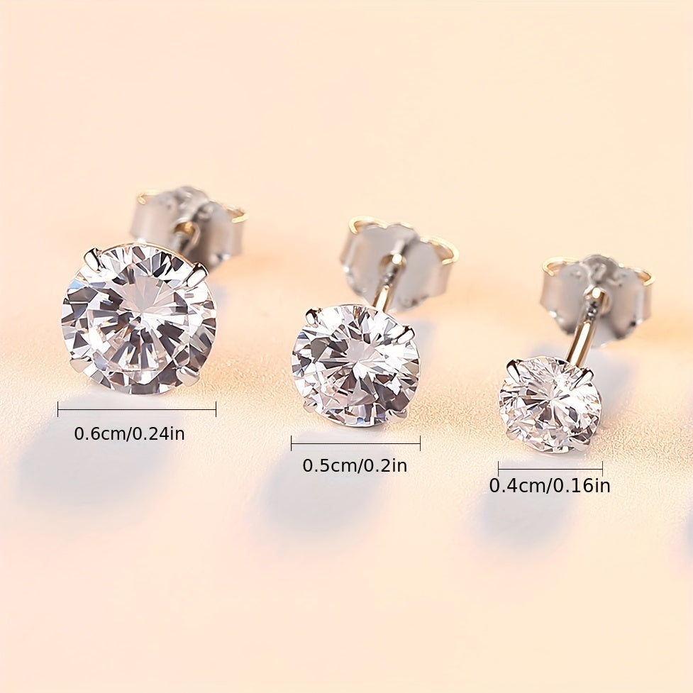 Set of three pairs of stud earrings in 925 silver for women, in sizes 4mm, 5mm, and 6mm.