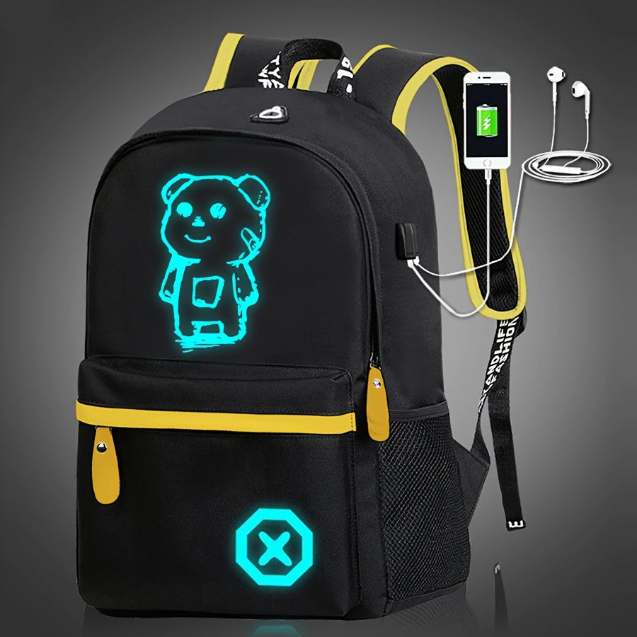 Glow-in-the-dark cartoon backpack with USB charging, adjustable straps, and zip closure. Perfect for daily use for school or commuting.