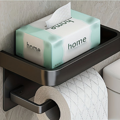 Toilet roll holder with shelf for bathroom storage and organization.