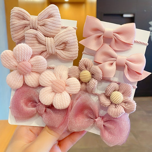 10-piece fabric hair ties for women, featuring cute sweet style with bows and flowers in mixed colors. Non-damaging elastic bands suitable for teens and adults. Assorted bowknot hair