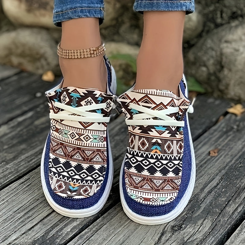 Women's Geometric Pattern Canvas Shoes, Casual Low Top Flat Shoes, Lightweight Sneakers