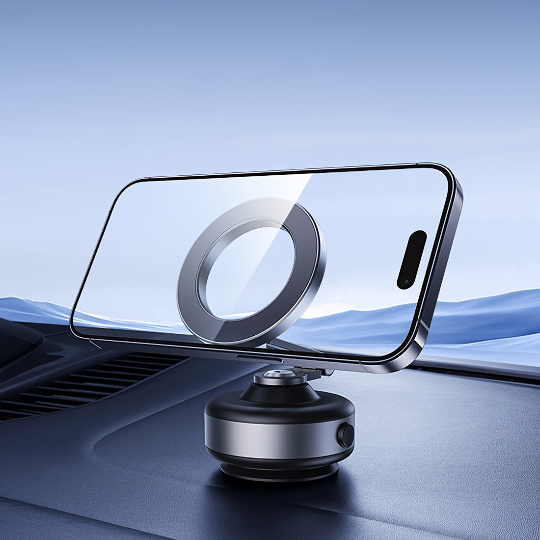 Dark Grey Magnetic Car Mount with 360° Rotation - Durable Aluminum Alloy, Strong Adhesion, Adjustable Stand for iPhone and Android Devices, Perfect for Live Streaming in car or at the Gym