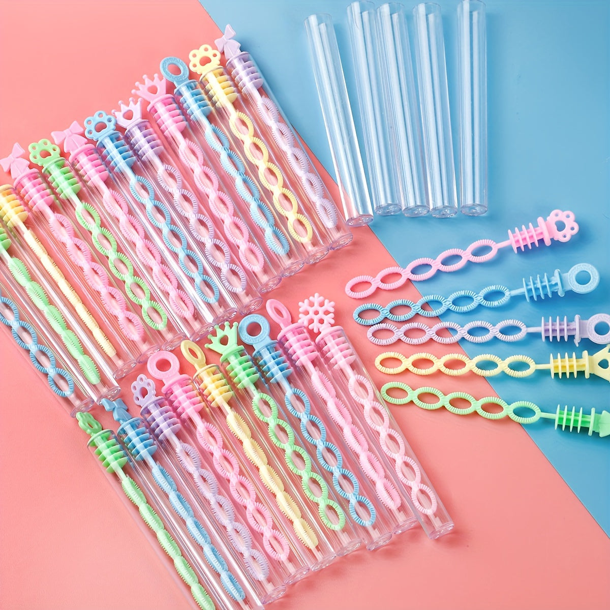 Set of 22 mini bubble wands with various shapes, great for parties and events. Non-toxic plastic bubble blowers.