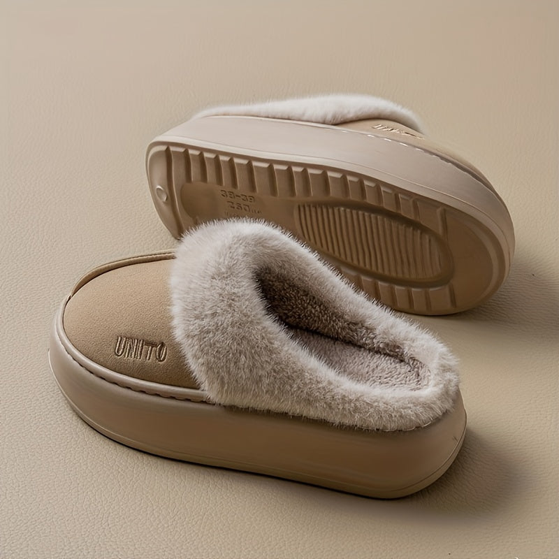 Cozy winter plush slippers for men and women with soft fabric lining, non-slip sole, machine washable. Available in beige and gray with white fur trim. Perfect for indoor comfort.