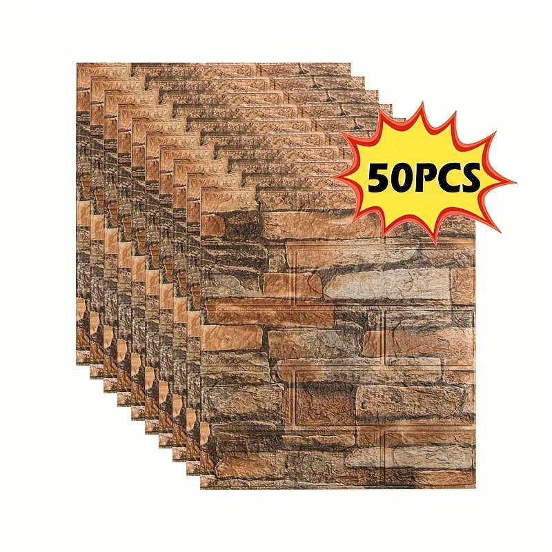 3D stereo brick stickers for indoor home decoration, available in quantities of 20, 50, or 100 pieces. Dimensions are 38.5×35cm/15.16×13.78in. PE foam material is waterproof and oilproof.