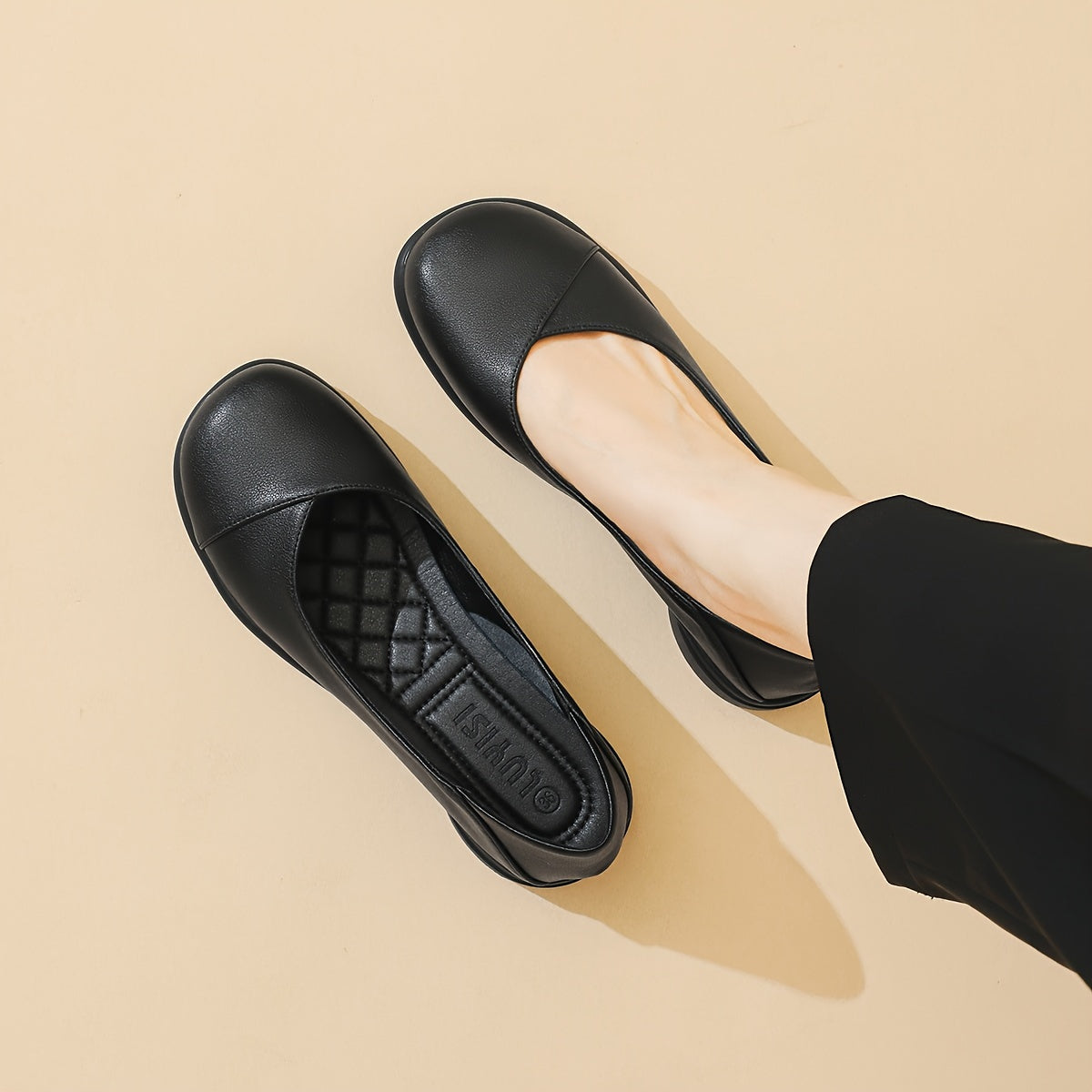 Minimalist women's dress shoes: Lightweight microfiber flats with round toe, solid color, rubber sole. All-season work footwear, no need to wash. Crafted in Huizhou.