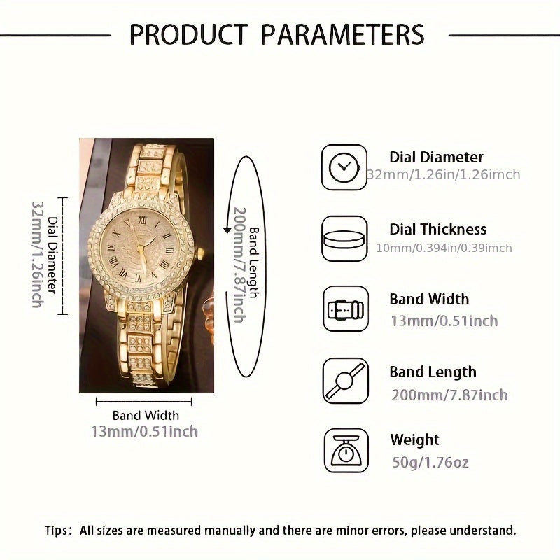 Fashionable women's quartz watch and jewelry set includes shock-resistant analog display, alloy band and case, button battery, and 6pcs accessory set.