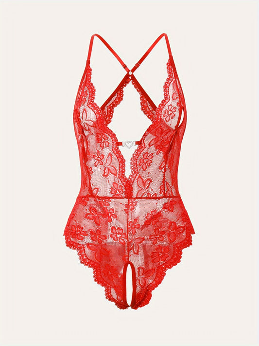 Sexy adult bodysuit in lacy red with deep V-neck, bow detail, floral print, made of nylon, in adult size.