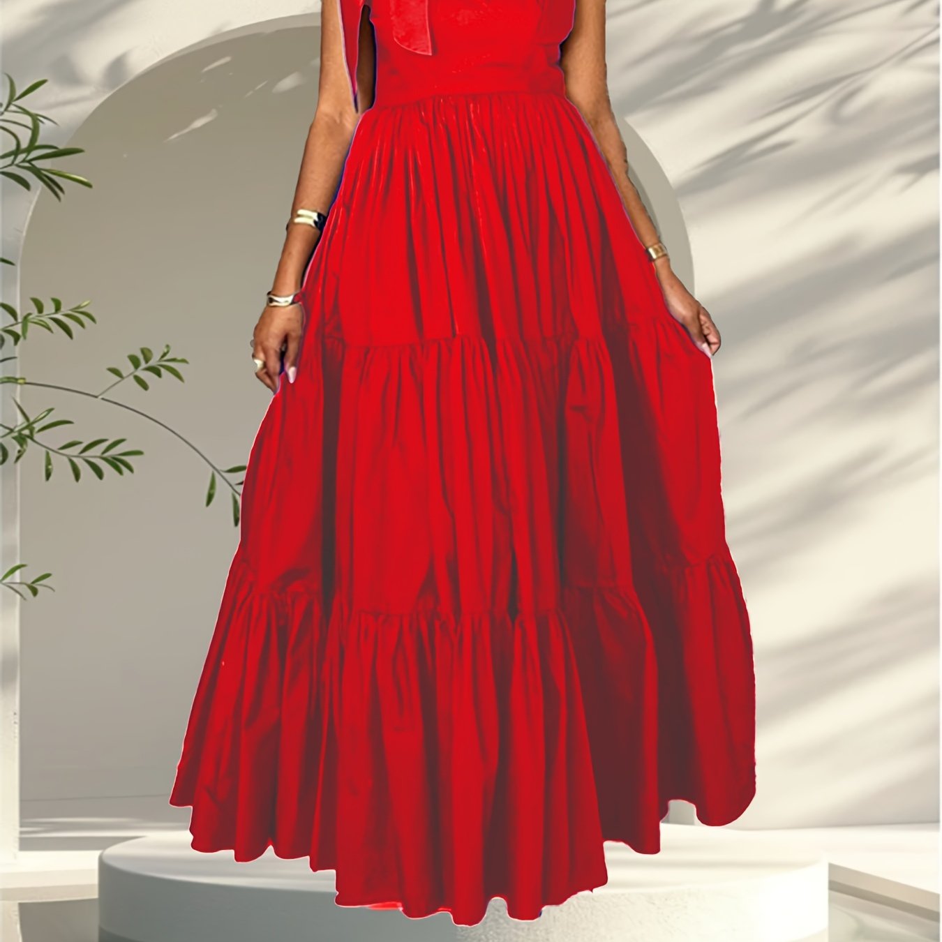 Stylish summer maxi dress for women with bow tie straps, cinched waist, solid color, and machine washable.