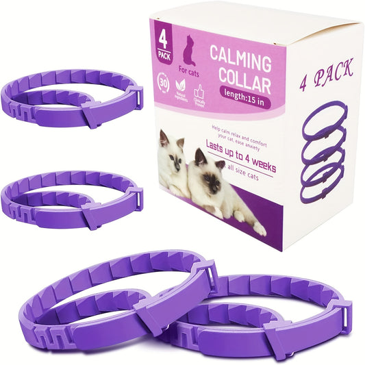 4-pack calming pheromone collar for cats and kittens, adjustable for small to large sizes, provides relaxation and comfort