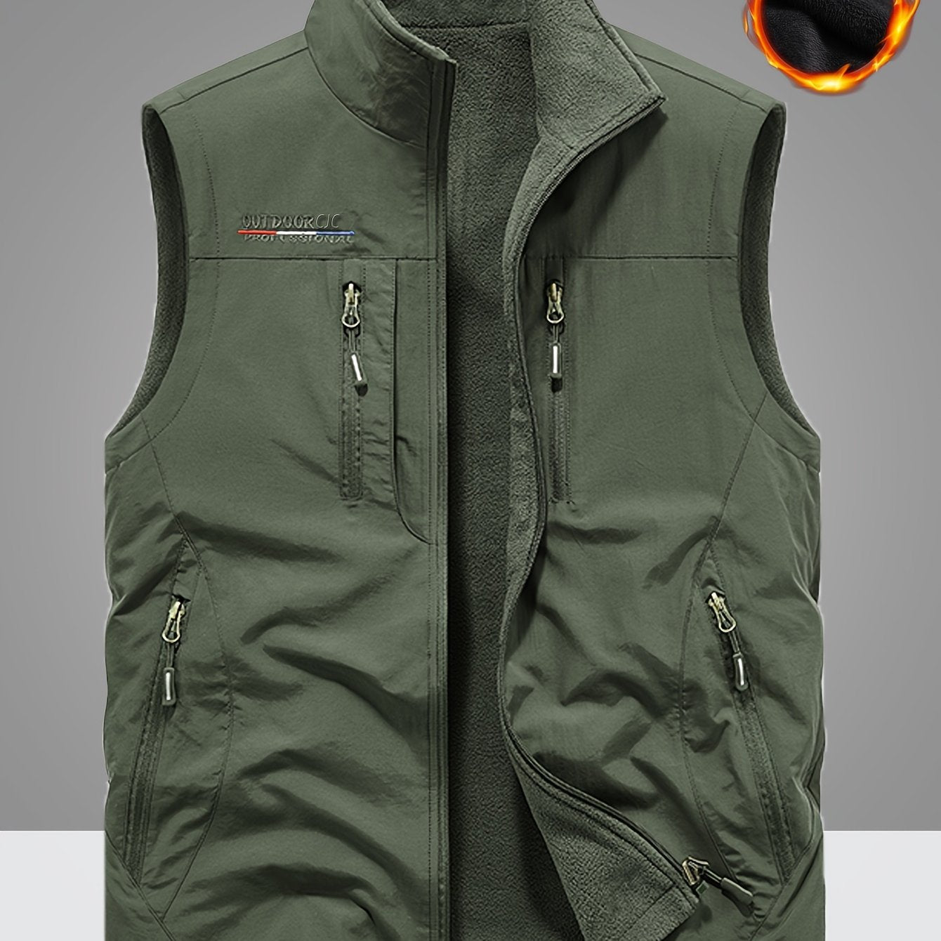 Thickened casual vests for men in autumn with fleece lining, multiple pockets, solid color, ideal for fishing and photography, with zipper.