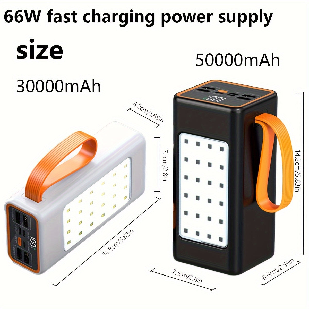 Portable power bank with 66W super fast charging, 30000mAh or 50000mAh capacity for outdoor use.