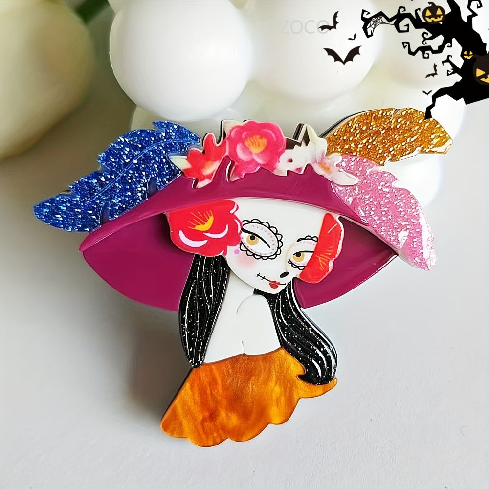 Retro Punk Inspired Acrylic Brooch Pins - Quirky Cartoon Designs for Scarves and Jackets, Featuring Halloween Icons like Pumpkins, Skeletons, and Bats