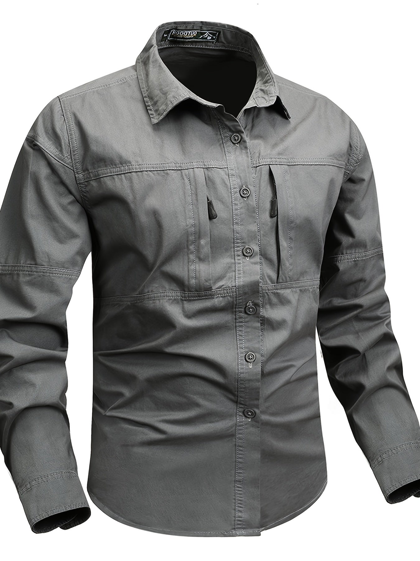 Men's cargo style shirt with unique zipper pocket design, perfect for spring and fall fashion trends.